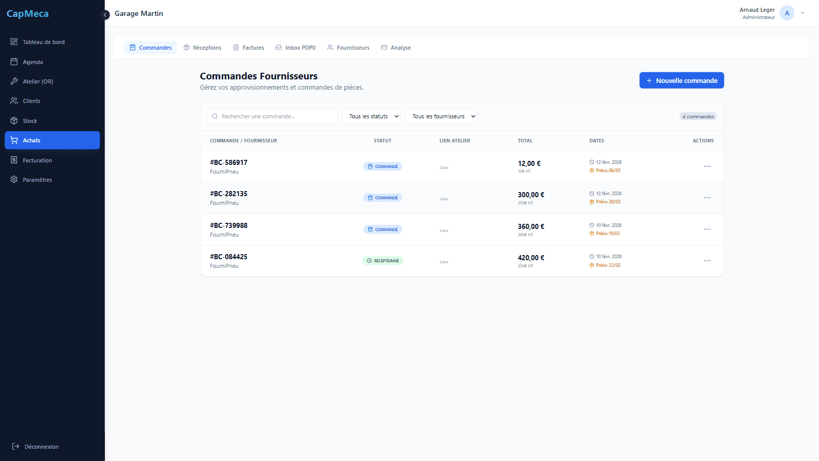 Suivi des commandes dans le module achats.