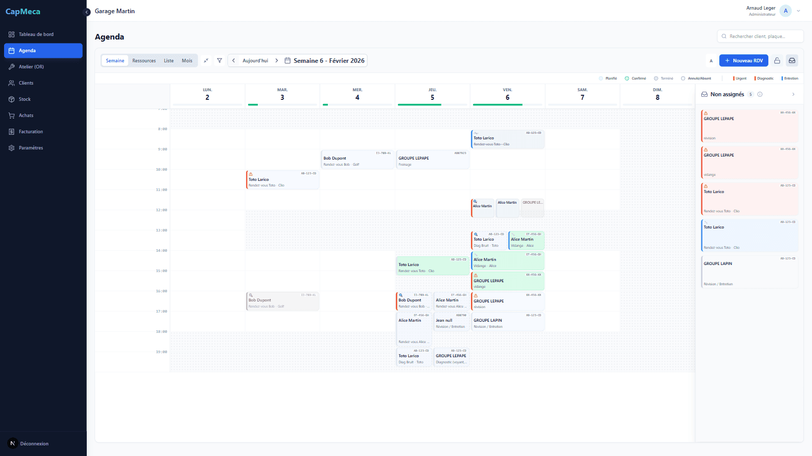 Agenda atelier avec planification par semaine.