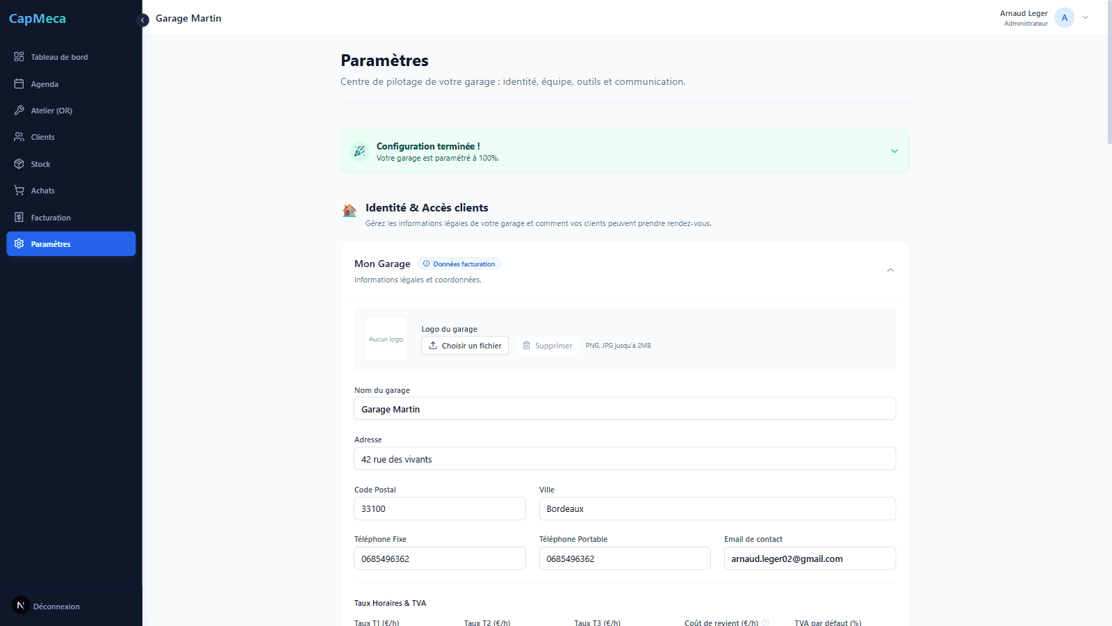 Écran de paramètres du garage.