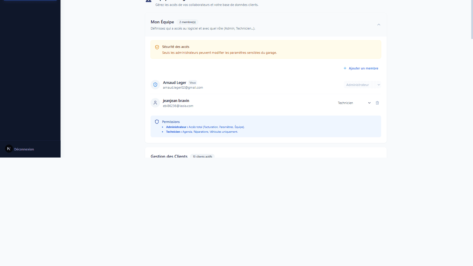 Gestion des utilisateurs et roles dans Parametres.